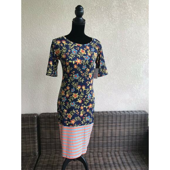 LuLaRoe Julia Dress Blue Orange Green Floral Stripes NEW NWT Size‎ Small - Picture 6 of 7